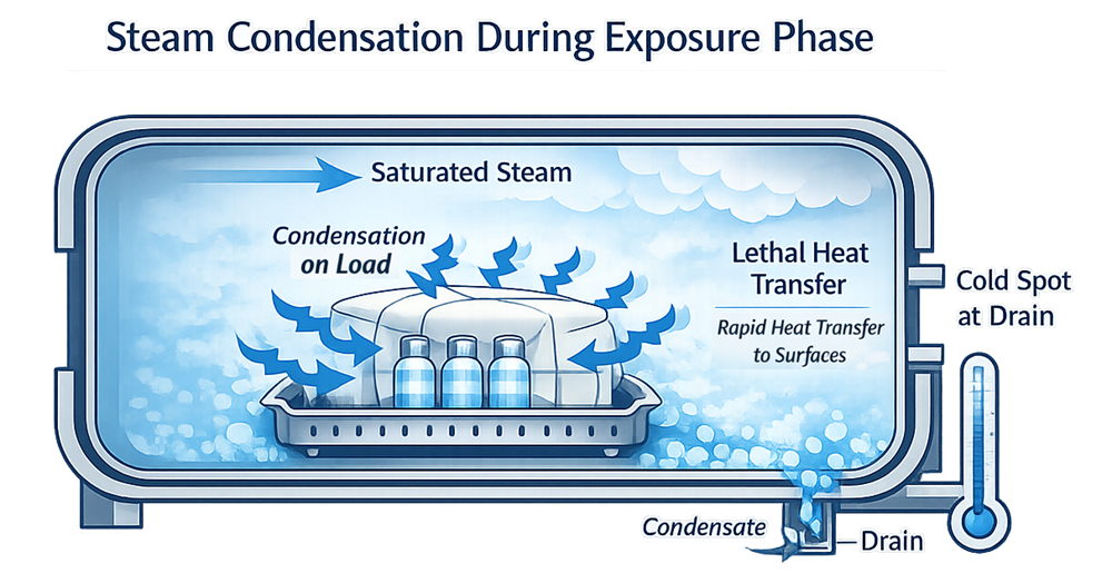 Conceptual diagram of steam sterilization showing , steam condensation on load surfaces, and cold spot at chamber drain.