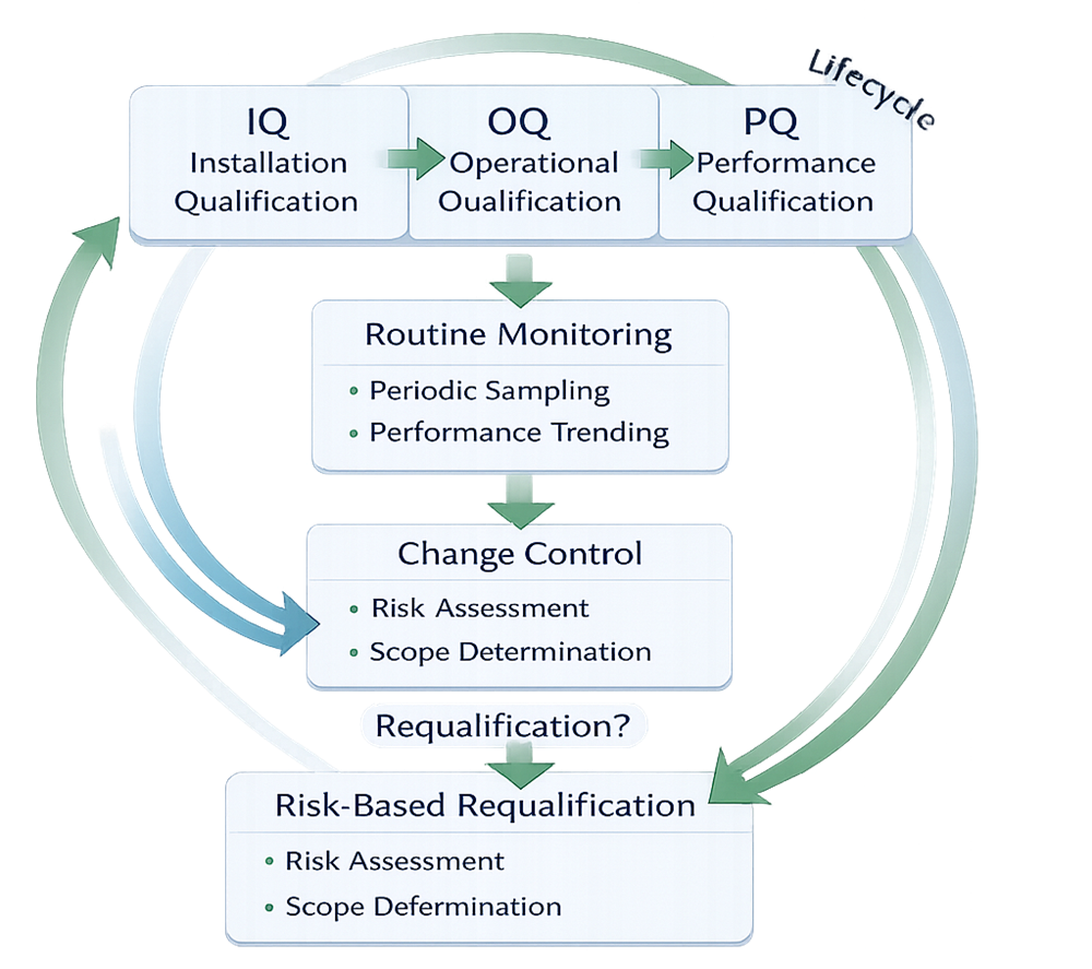 Clean steam system qualification lifecycle illustrating IQ, OQ, PQ, routine monitoring, and requalification