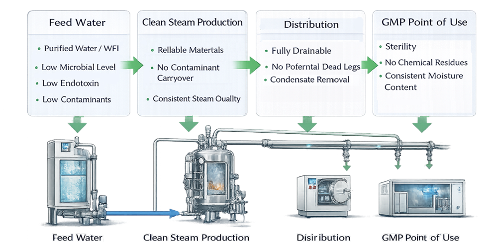 Quality attribute linkage diagram showing how feed water, steam generation, and distribution design contribute to clean steam quality at the GMP point of use
