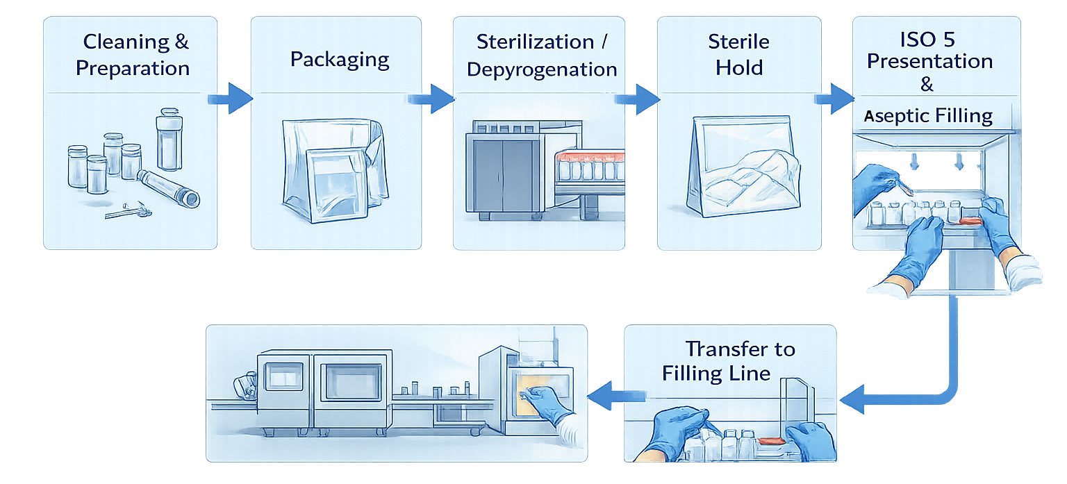 Sterile component lifecycle diagram showing sequence of cleaning and preparation, packaging, sterilization or depyrogenation, sterile hold, controlled transfer, ISO 5 presentation, and integration with aseptic filling operations.