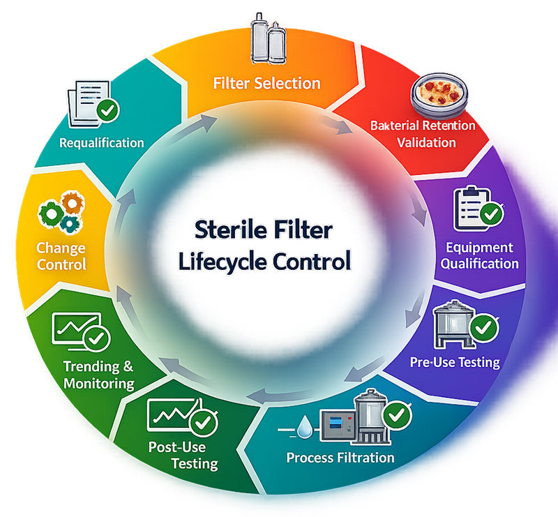 Lifecycle model showing sterile filter control from selection and bacterial retention validation through equipment qualification, pre-use and post-use integrity testing, process use, trending, change control, and requalification in a closed-loop structure.