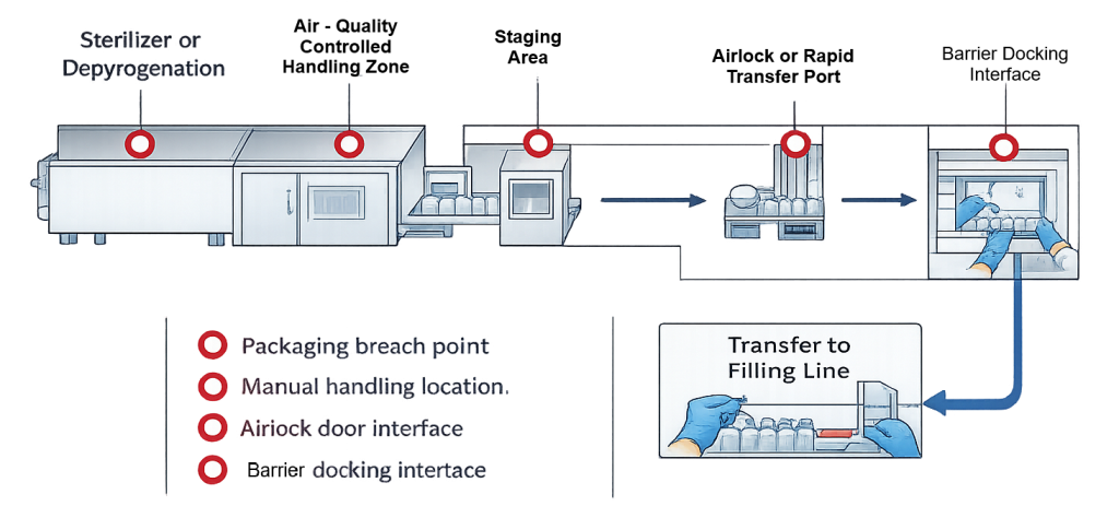 Sterile transfer risk map showing sterilizer exit, controlled handling zone, staging area, airlock or rapid transfer port, barrier docking interface, and highlighted contamination risk points including packaging breach and manual handling locations prior to ISO 5 presentation.