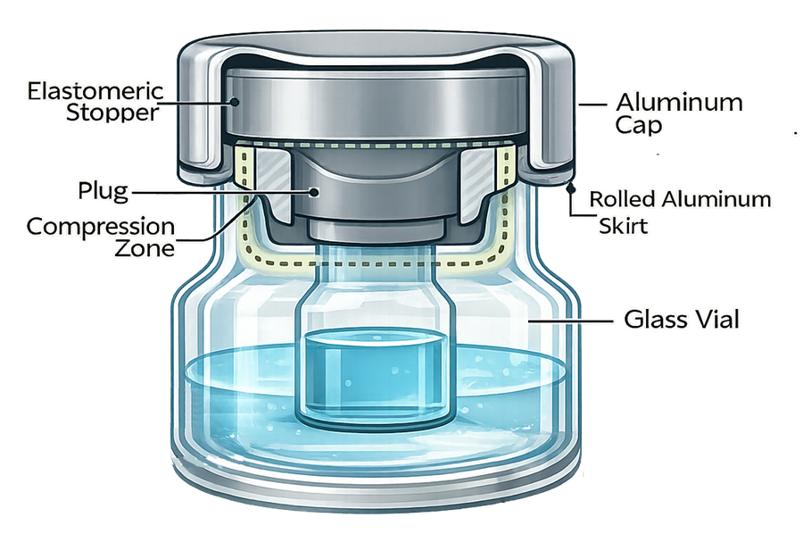 Cross-sectional technical illustration of vial, elastomeric stopper plug, and aluminum crimp showing radial compression zone at plug–glass interface and proper skirt engagement under vial bead.