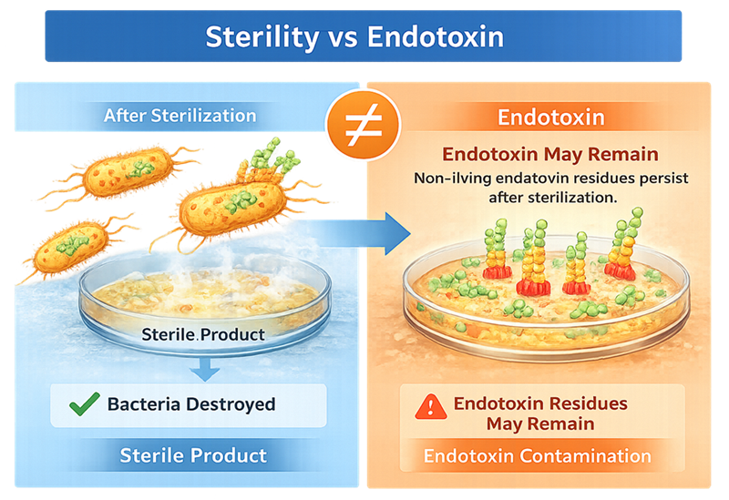 Side-by-side concept diagram comparing sterile product after bacterial destruction with persistence of lipopolysaccharide endotoxin residues.