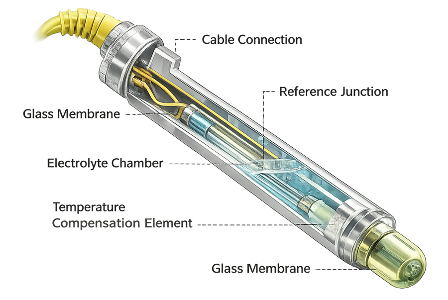 Cross-sectional diagram of bioreactor pH probe showing glass membrane, reference junction, and temperature compensation element.