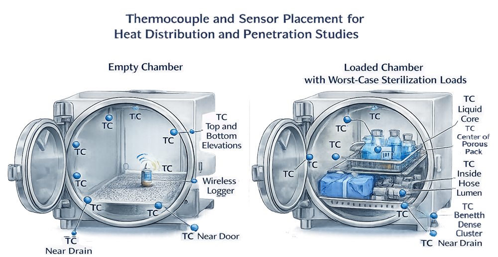 Diagram showing temperature sensor placement in empty steam sterilizer chamber and within worst-case sterilization loads.