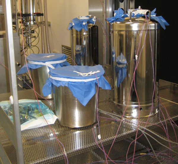 Stainless steel vessels instrumented with thermocouples during steam sterilization heat penetration validation study.