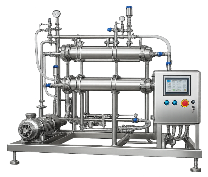 Photograph of pharmaceutical stainless steel tangential flow filtration skid with recirculation loop, membrane modules, and pressure monitoring devices.