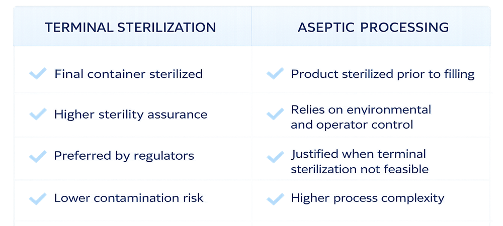 Side-by-side comparison of terminal sterilization and aseptic processing showing differences in sterility assurance, regulatory preference, and process complexity.