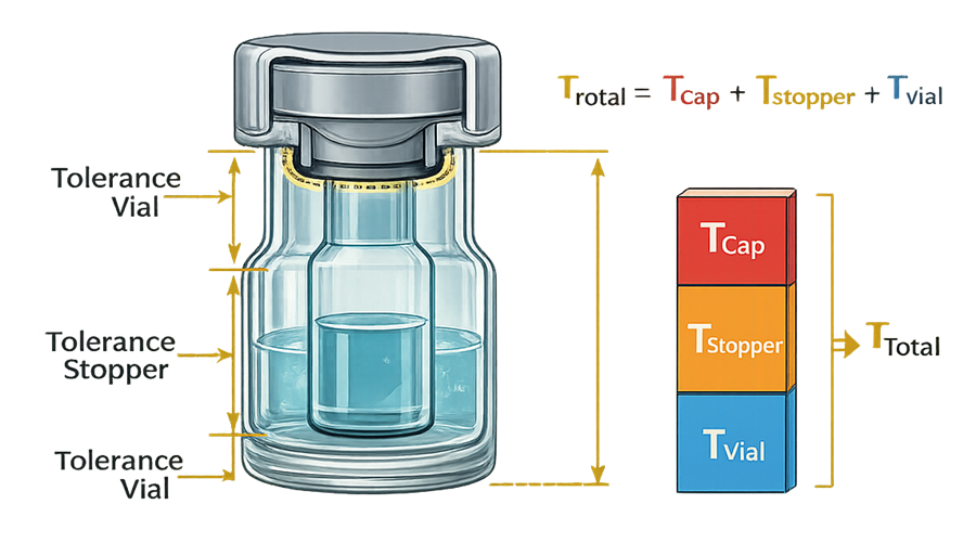 Technical diagram showing tolerance stack-up in vial closure system with vial, stopper, and aluminum seal dimensional variations contributing to total compression and crimp geometry variation.