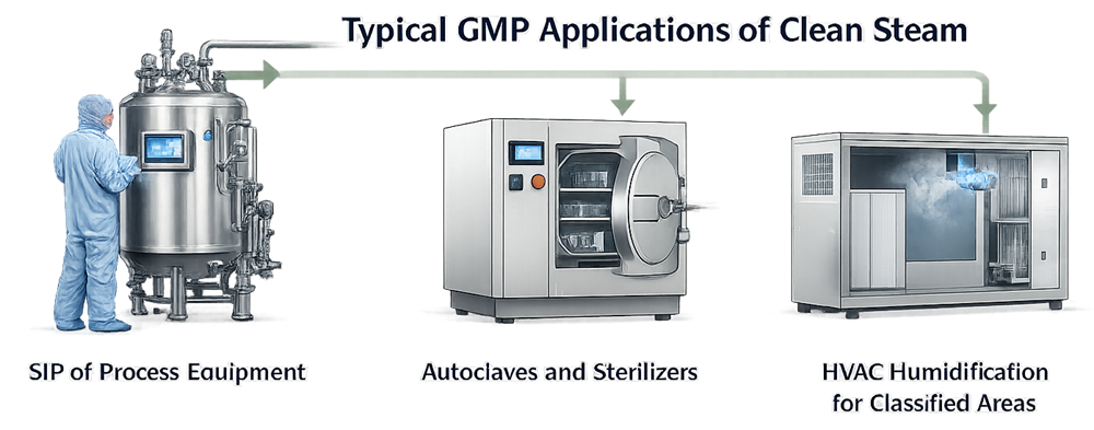 Typical GMP applications requiring clean steam for direct contact use