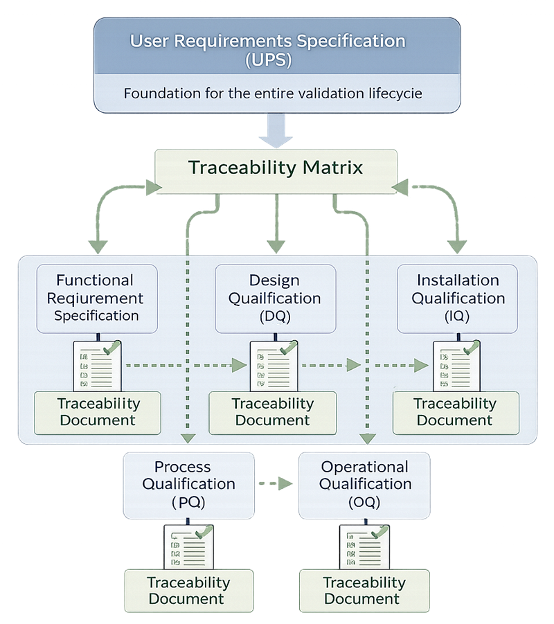 Diagram titled “URS Traceability Concept” showing User Requirements Specification connected through a traceability matrix to Design Qualification, Installation Qualification, Operational Qualification, and Performance Qualification documents, demonstrating bidirectional requirement verification across the validation lifecycle.