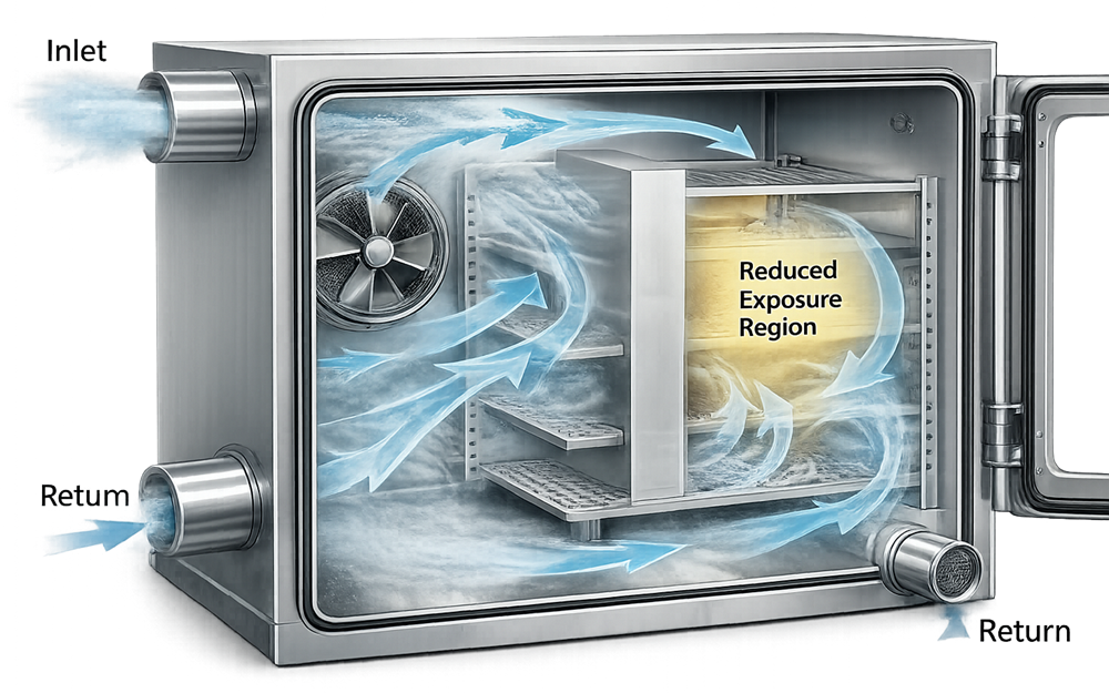 3D cutaway view of a VHP sterilization chamber showing vapor inlet, internal recirculation fan, airflow patterns around a rack load, and a reduced exposure region behind the obstruction.