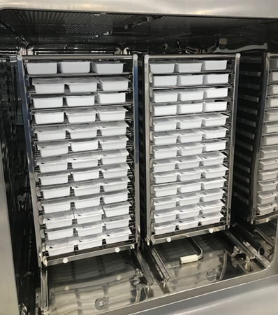 Interior view of VHP chamber with high-density tray loading during performance qualification.”