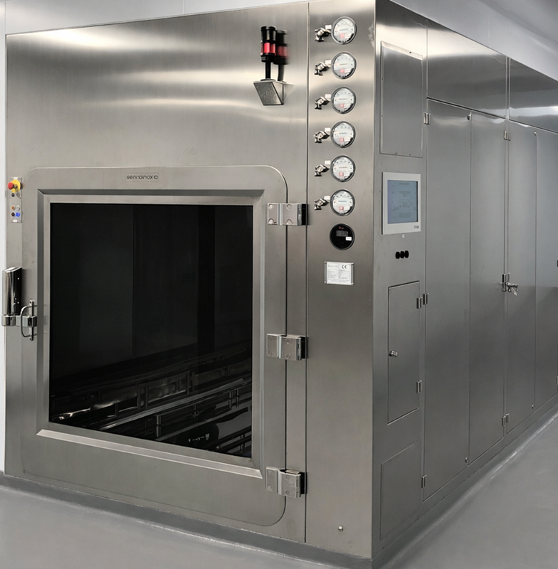 Large stainless steel vapor hydrogen peroxide sterilization chamber with glass viewing doors.