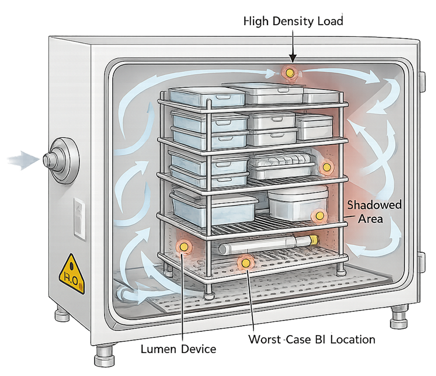 Cross-sectional illustration of a VHP chamber showing worst-case load configuration with high-density trays, lumen device, vapor shadowing zones, airflow pattern, and biological indicator placement in lowest-exposure areas.