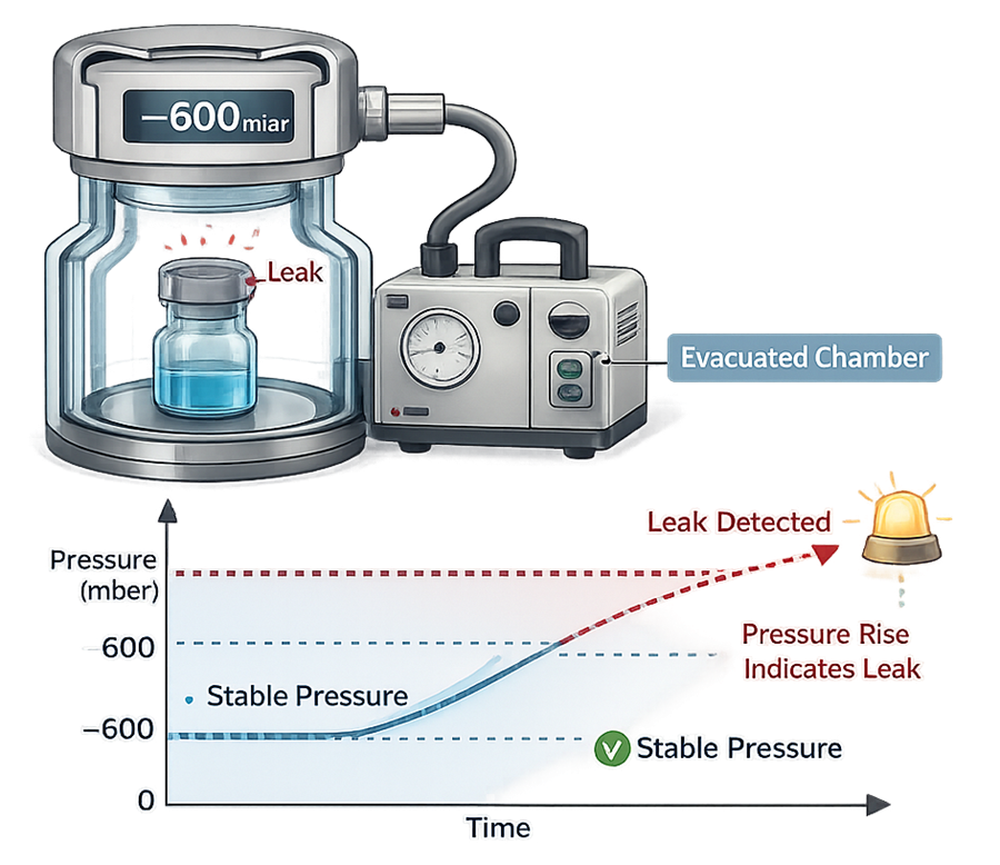 Schematic of vacuum decay test chamber showing evacuated chamber, test vial inside, and pressure rise over time indicating leak.