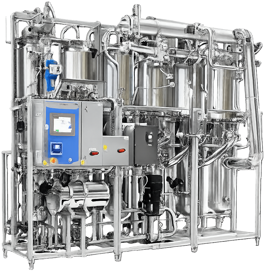 Photograph of a skid-mounted Water for Injection generation system illustrating typical industrial construction and integrated process equipment.