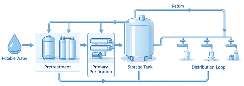 Conceptual diagram of a pharmaceutical water system showing potable water feed, pretreatment, primary purification, storage tank, and a continuously circulating distribution loop supplying points of use.