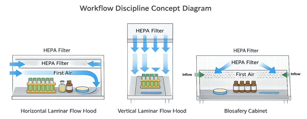 Top-view layout diagrams showing correct staging of materials in horizontal laminar flow hood, vertical laminar flow hood, and biosafety cabinet.
