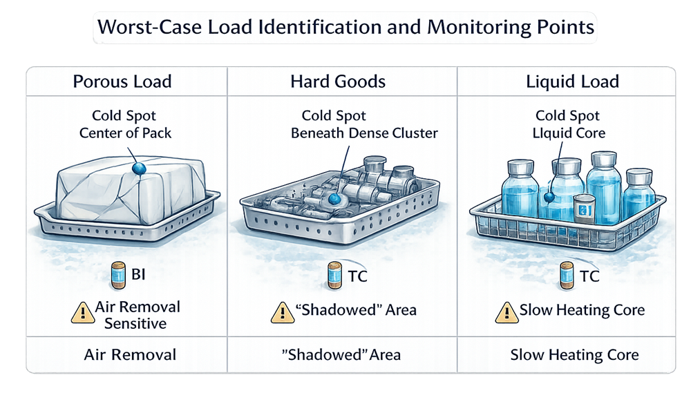 Diagram showing porous, hard goods, and liquid sterilization loads with identified cold spots and biological indicator placement locations.