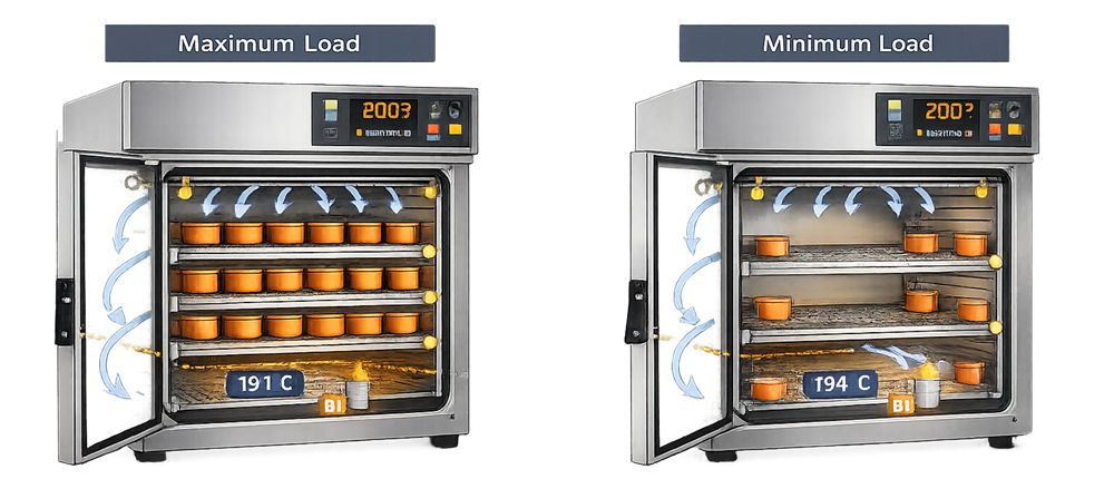 Worst-case load configuration comparison in dry heat sterilization oven illustrating maximum and minimum load effects on airflow, cold spot location, and biological indicator placement.