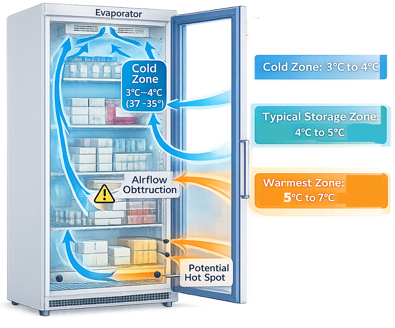 Air circulation and temperature distribution inside a pharmaceutical refrigerator showing evaporator fan airflow path, downward circulation of cooled air across storage shelves, return airflow toward the evaporator, potential warm zones near the door, and airflow obstruction caused by densely loaded storage containers.