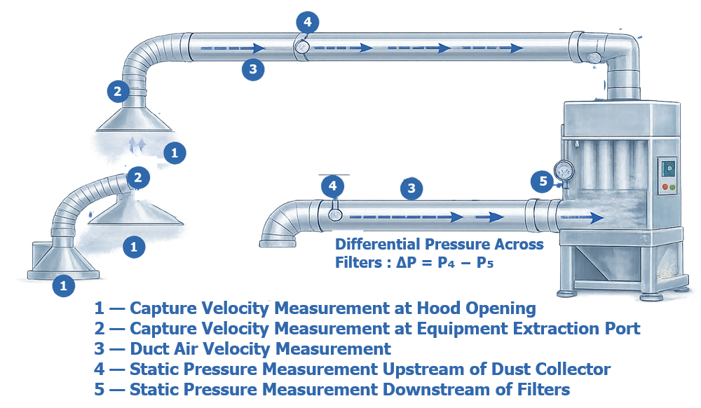 Airflow verification diagram for a pharmaceutical dust collection system showing capture velocity measurement at hood openings and equipment extraction ports, duct air velocity measurement, and static pressure monitoring across dust collector filters.