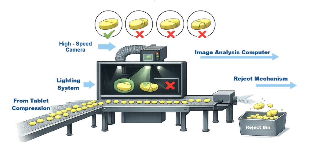 Automated pharmaceutical vision inspection system detecting tablet defects using cameras and image analysis.