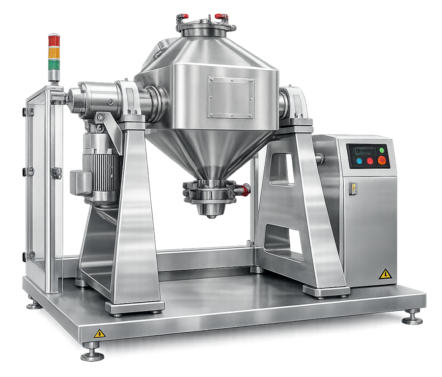 Bin blending system used in pharmaceutical manufacturing for contained powder mixing and transfer.