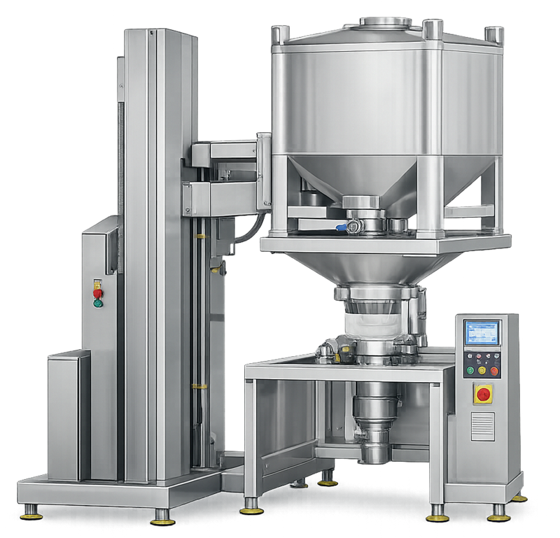 Pharmaceutical IBC bin lifting system used to position bulk powder containers for controlled discharge into processing equipment.