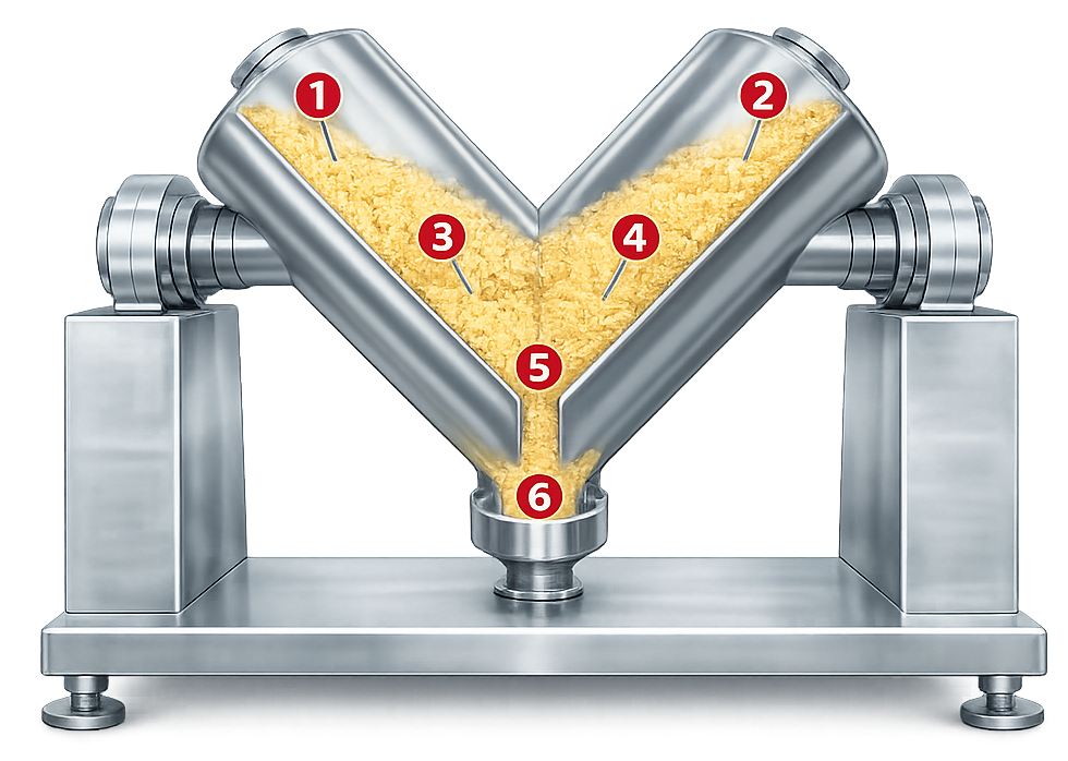 Cross-section illustration of a pharmaceutical V-blender showing powder inside the vessel and six numbered sampling locations distributed across both chambers, the central junction, and the discharge region to illustrate a typical blend uniformity sampling strategy.
