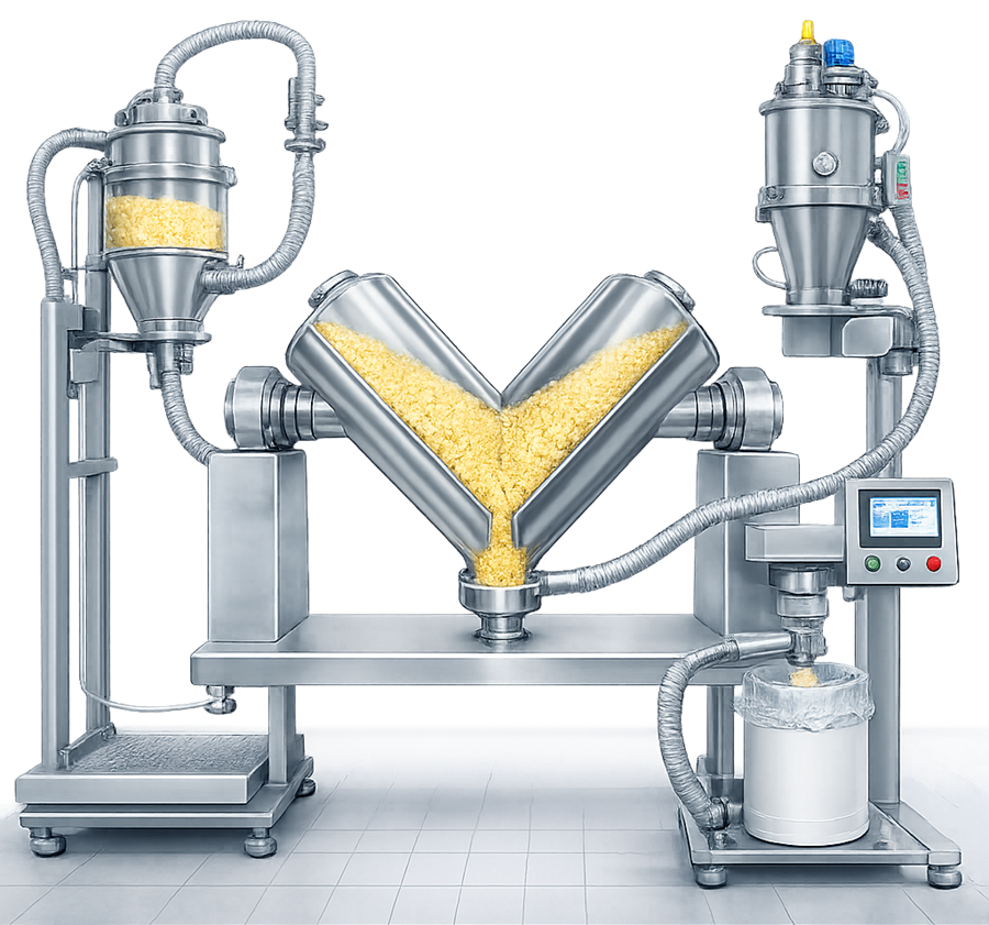 Illustration of a pharmaceutical V-blender integrated with material handling systems, showing vacuum powder transfer equipment feeding material into the blender and a controlled discharge system transferring blended powder to a downstream container or processing unit.