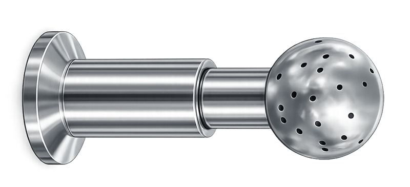 CIP spray ball made of polished stainless steel with multiple spray perforations, used in clean-in-place systems to distribute cleaning solution across internal surfaces of pharmaceutical process vessels.