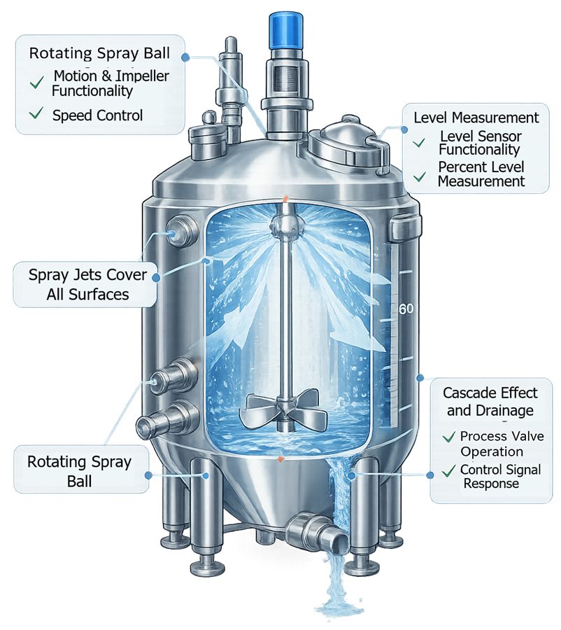 Diagram of process vessel showing CIP spray device distributing cleaning solution across internal surfaces.
