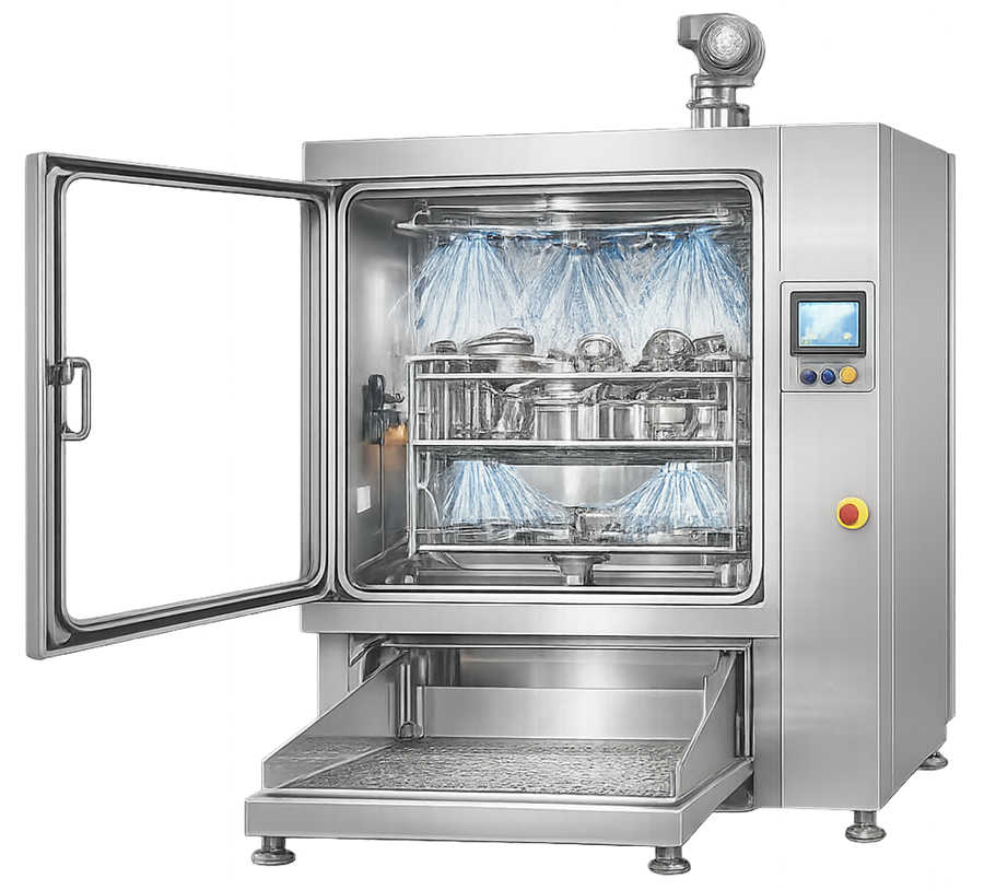 Stainless steel cabinet parts washer used in pharmaceutical manufacturing for automated cleaning of equipment parts and utensils.