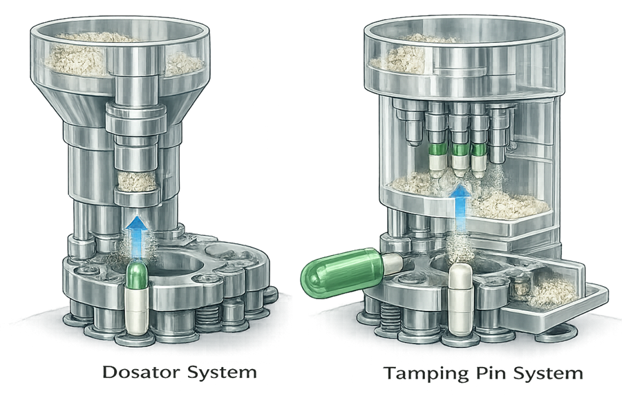 Capsule dosing mechanisms showing dosator and tamping pin systems used to form and transfer powder plugs into capsule bodies during capsule filling.