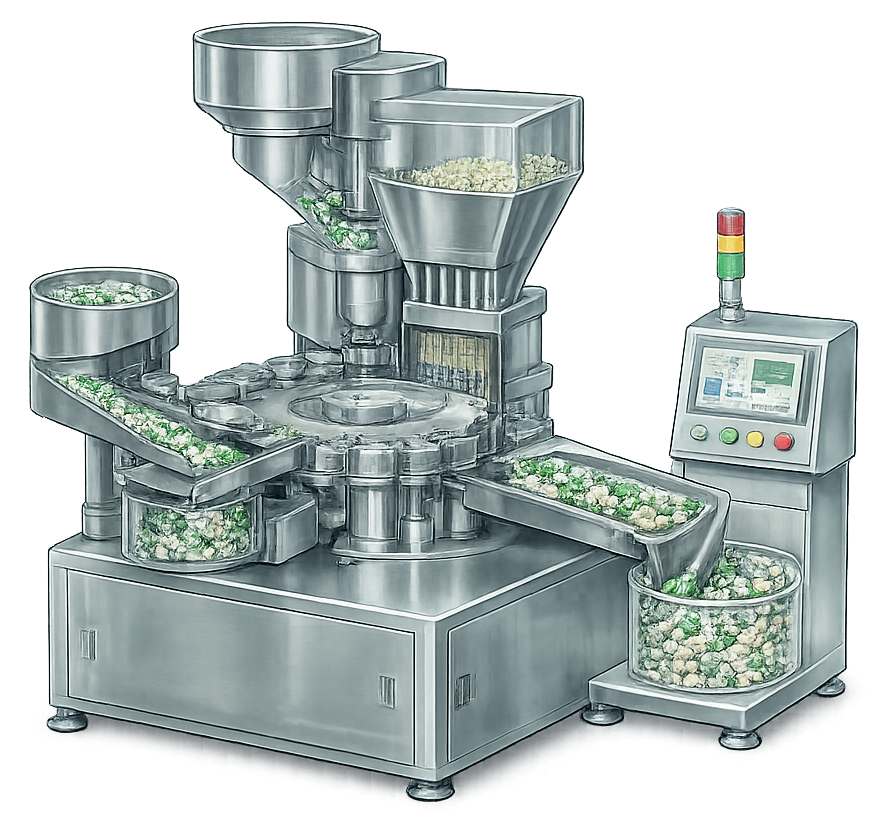 Automatic rotary capsule filling machine used in pharmaceutical manufacturing showing capsule feeding, separation, filling, and closing stations.