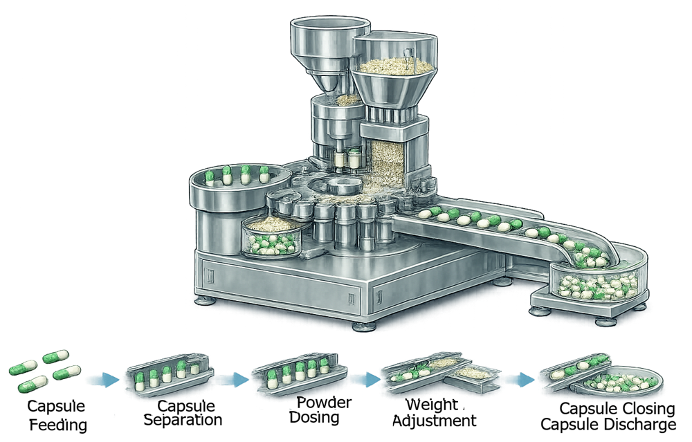 Capsule filling process sequence showing capsule feeding, separation, powder dosing, weight adjustment, capsule closing, and capsule discharge in a rotary capsule filling machine.