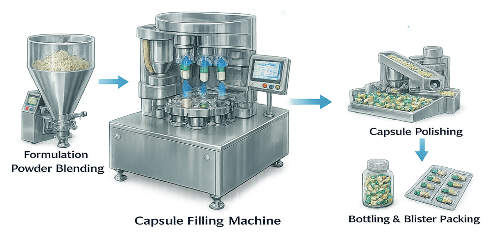Capsule filling process integrated into pharmaceutical solid dosage manufacturing including blending, capsule filling, inspection, and packaging.