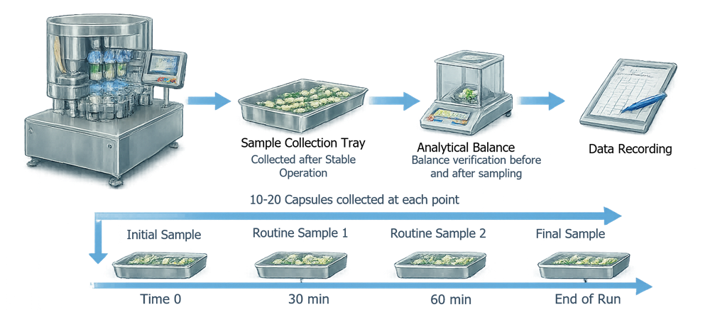 Capsule fill weight sampling strategy showing periodic sampling during capsule filling performance qualification.