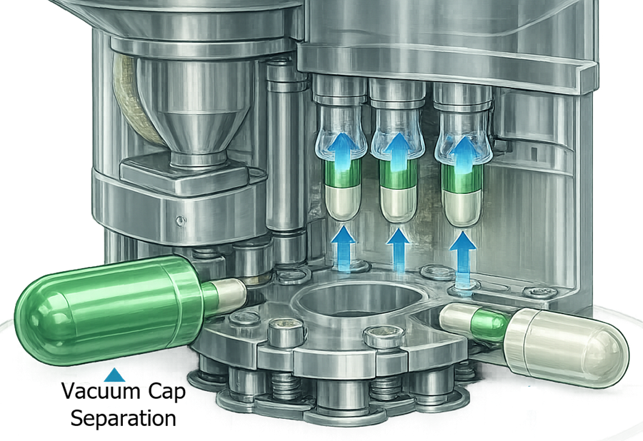 Capsule separation station in an automatic capsule filling machine showing vacuum lifting the capsule cap while the capsule body remains in the lower holder.