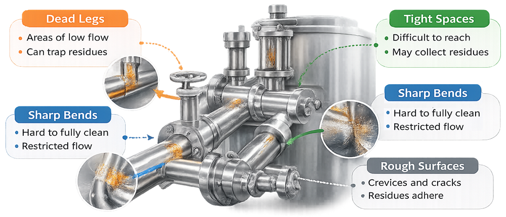 Diagram showing equipment geometries that complicate automated washer cleaning including crevices, threaded parts, hollow components, and recessed surfaces.