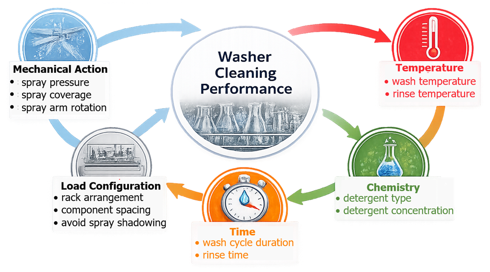 Diagram showing factors influencing washer cleaning performance including mechanical spray action, detergent chemistry, temperature, cycle time, and load configuration.