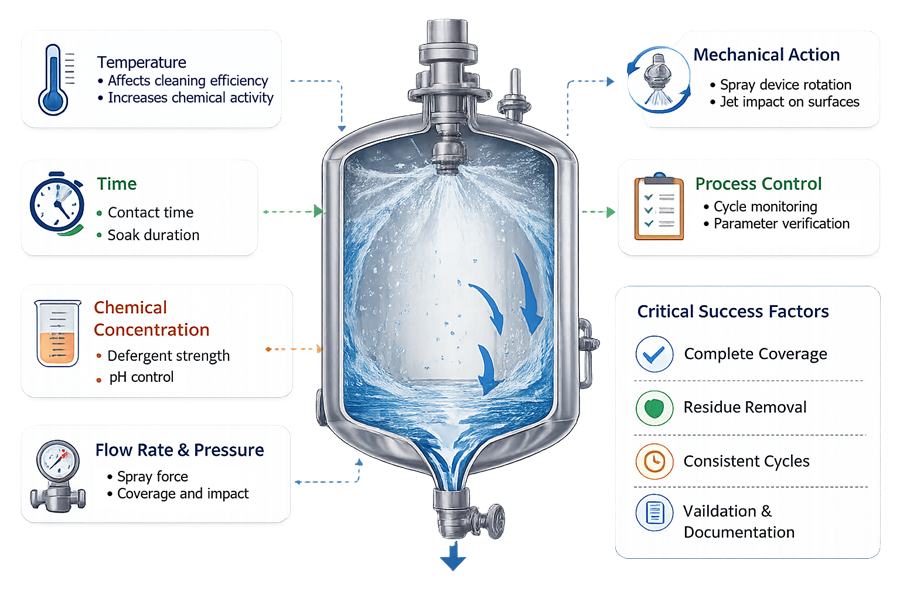 Diagram showing cleaning parameters including temperature, cleaning solution concentration, flow rate, and cleaning time used during CIP operations.