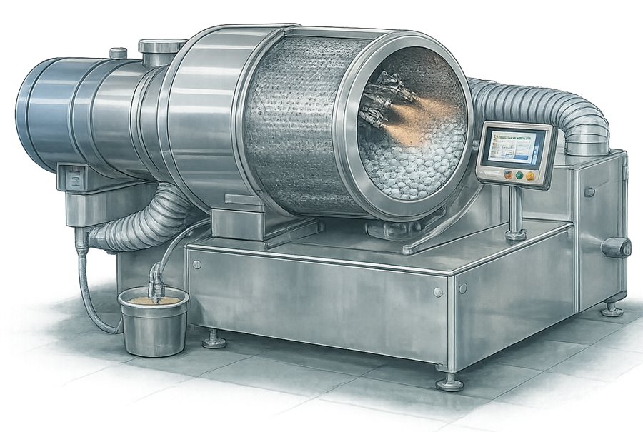 Pharmaceutical perforated pan coating machine showing rotating drum, spray guns, and airflow used for tablet coating.