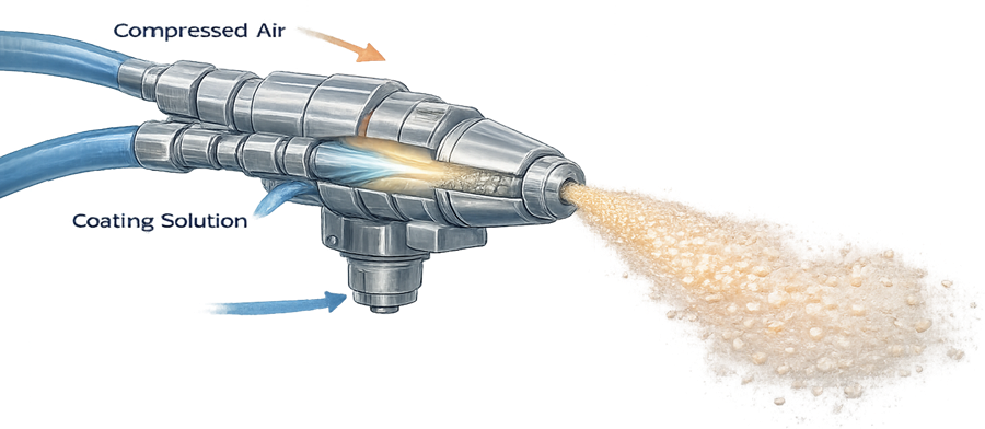 Coating spray nozzle atomizing coating solution into fine droplets for uniform tablet coating.