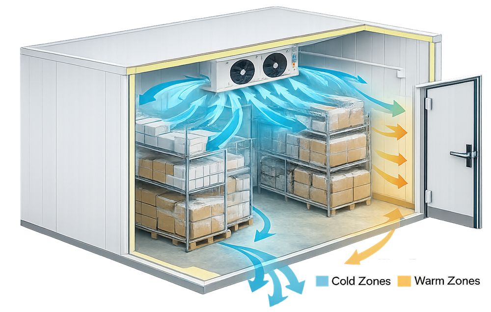Cold room airflow diagram showing evaporator fans circulating cooled air across shelving or pallet racks with potential cold and warm zones created by airflow distribution.