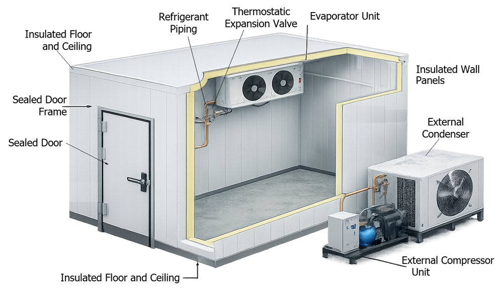 Technical diagram of a cold room showing insulated wall panels, sealed door, internal evaporator unit with circulation fans, and external compressor and condenser connected through refrigerant piping.