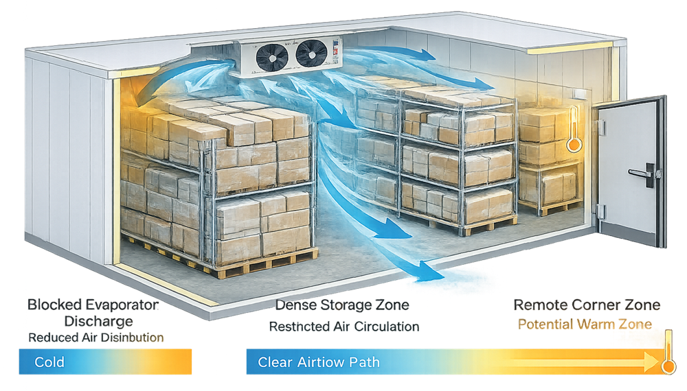 Cold room storage layout diagram showing pallet racks or shelving with airflow pathways and areas where airflow obstruction may create temperature variation.
